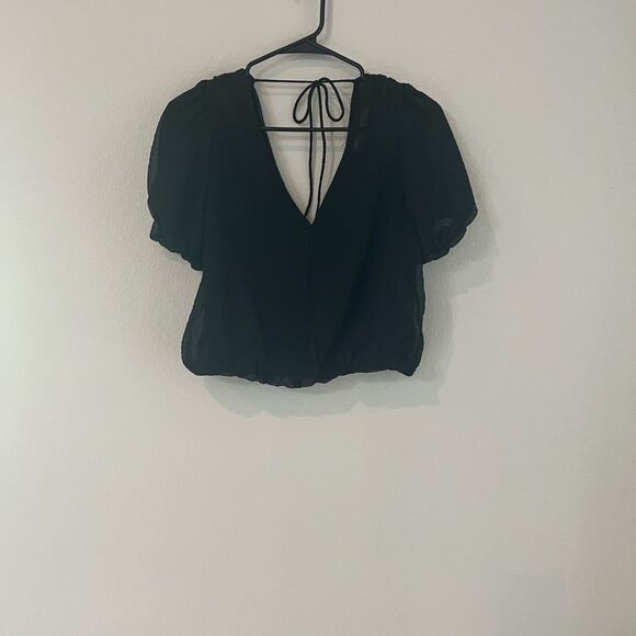 NWT ASTR Black Bubble Sleeve Gauze Tie back S - Picture 3 of 7